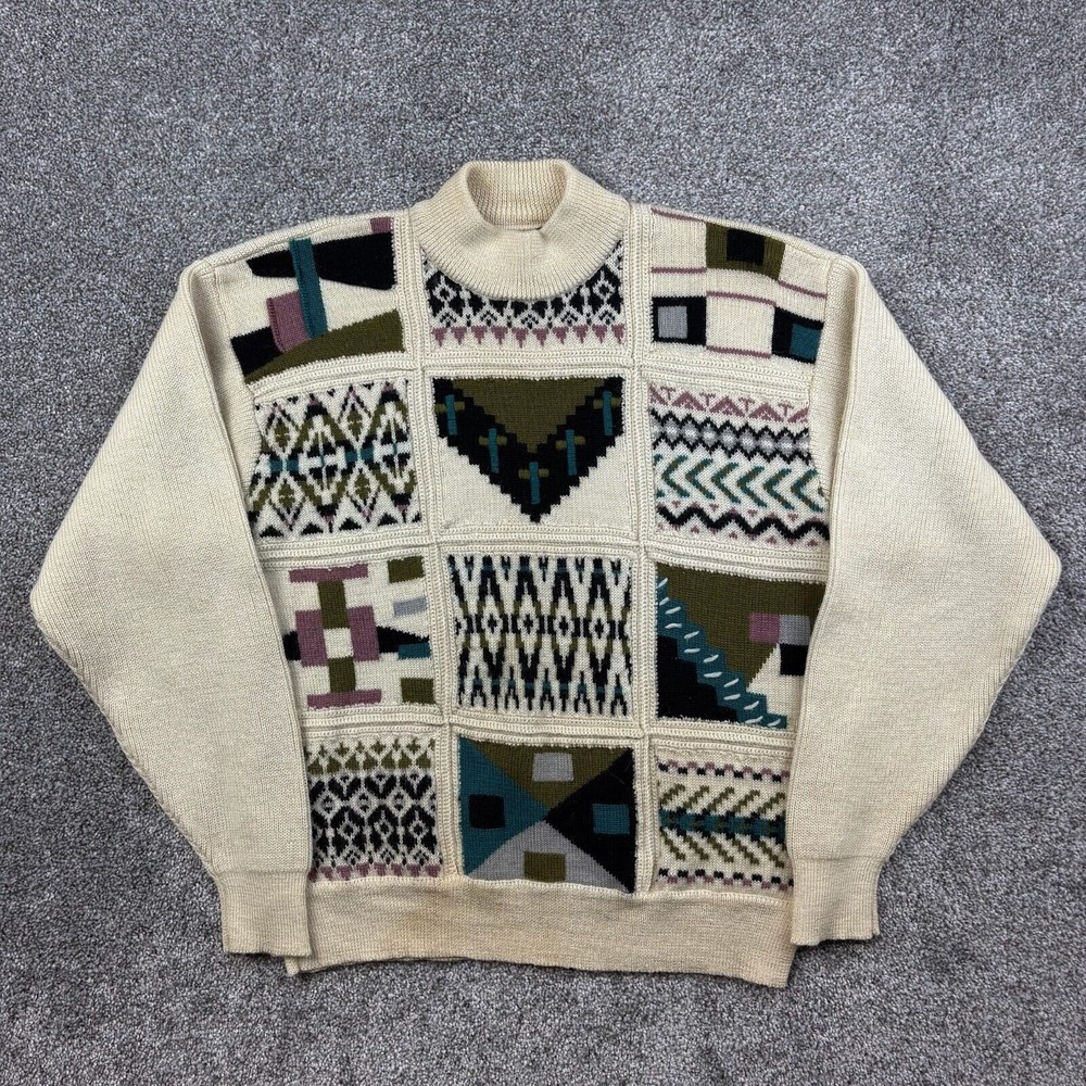 Vintage Funky Abstract Sweater Mens‎ M White Geometric Checker Print Retro Knit